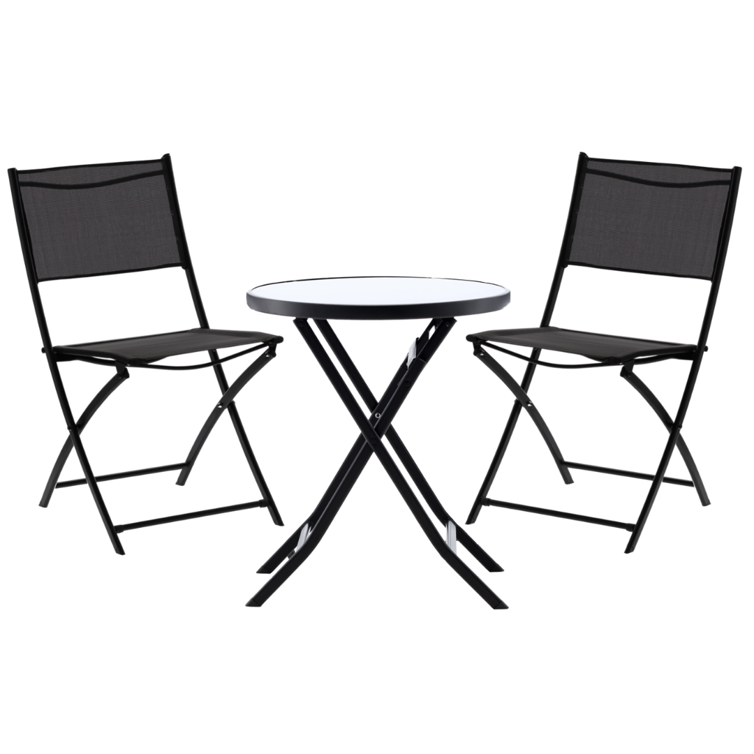 Set Mobili da Balcone Nero Tavolo + 2 Sedie Pieghevoli