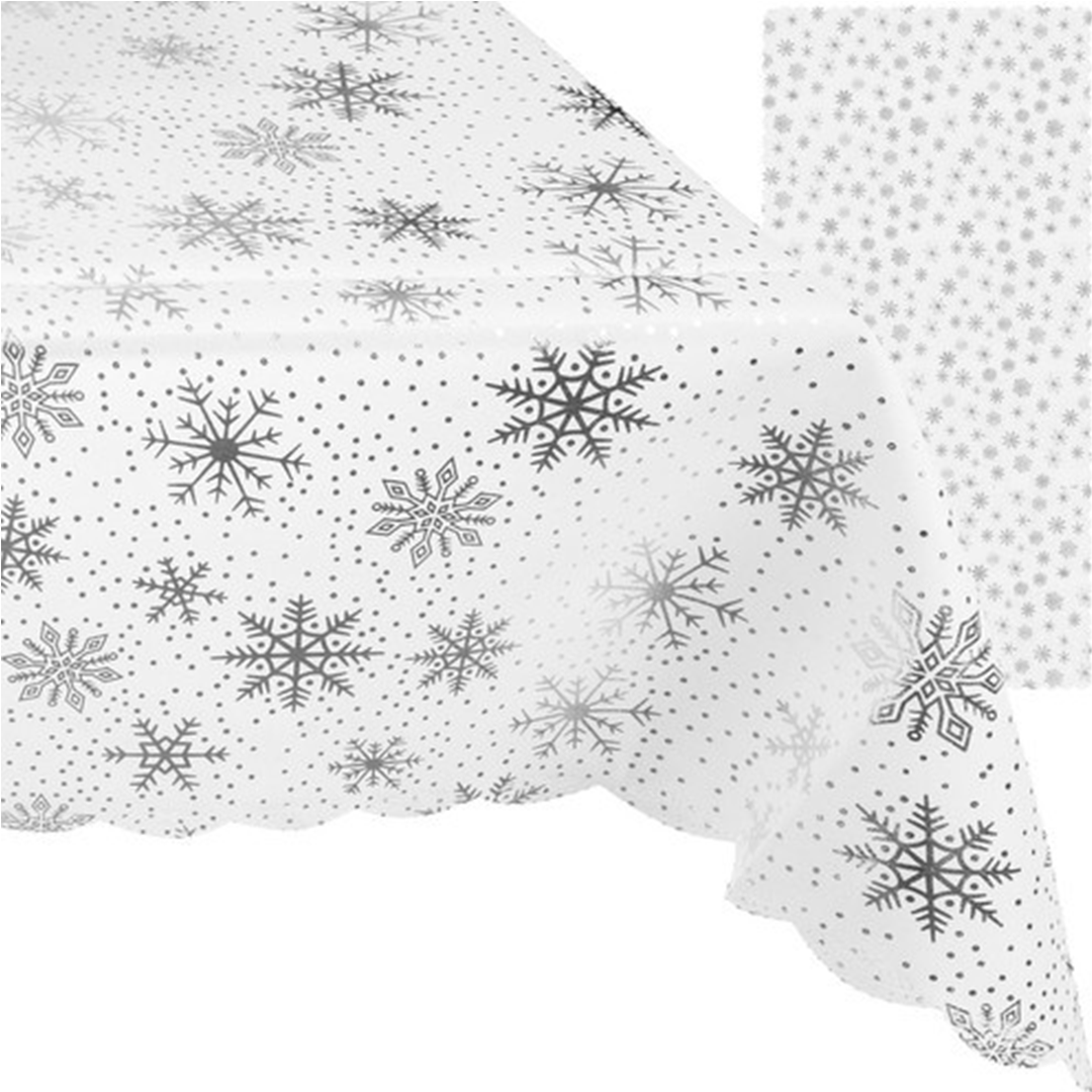 Tovaglia natalizia bianca e argento con fiocchi di neve 260x140cm e 180x140cm