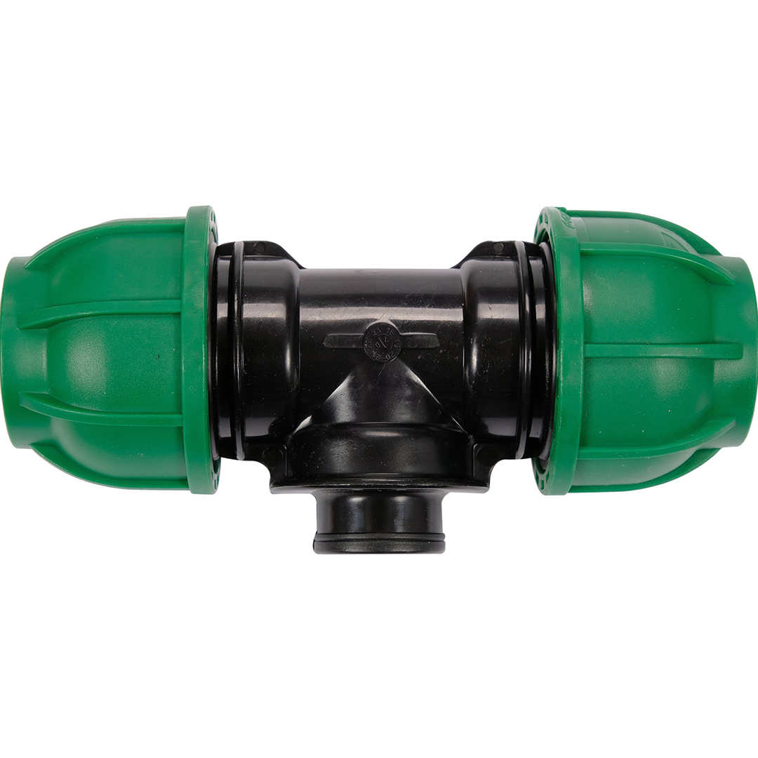 Raccordo a T 32 mm x 1/2” x 32 mm per Tubi PE – Derivazione Centrale Femmina GW – Polipropilene 10 BAR FLO