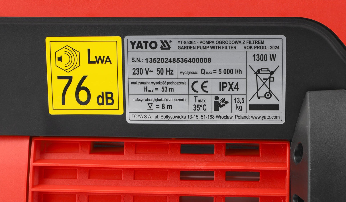 Pompa da Giardino Yato 1300W 5000 l/h 5,3 Bar con Manometro
