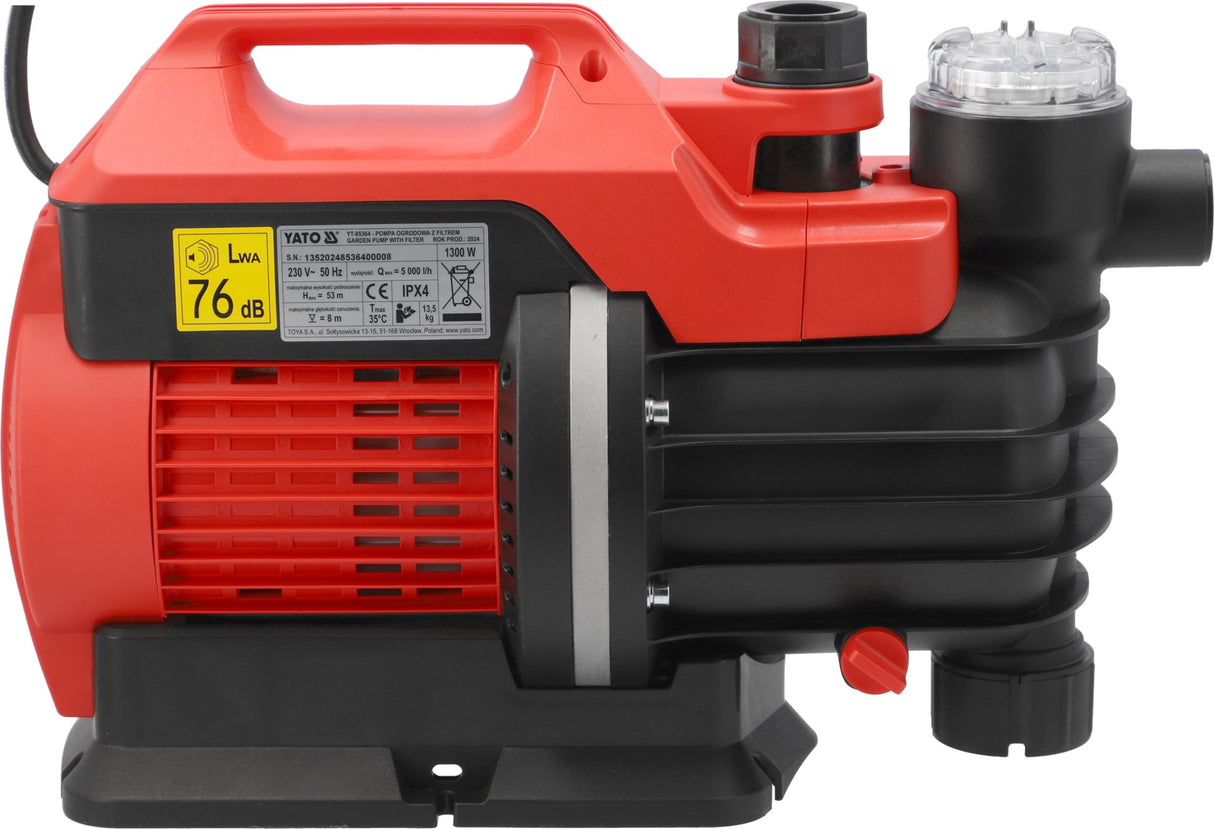 Pompa da Giardino Yato 1300W 5000 l/h 5,3 Bar con Manometro