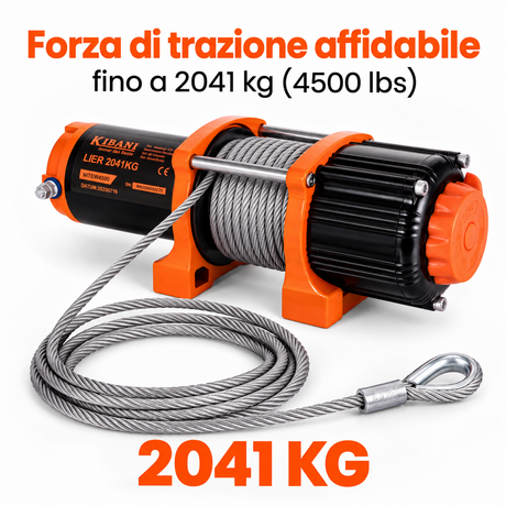 Verricello Elettrico Kibani 12V 2041kg Cavo Acciaio 13,5m 2 Radiocomandi