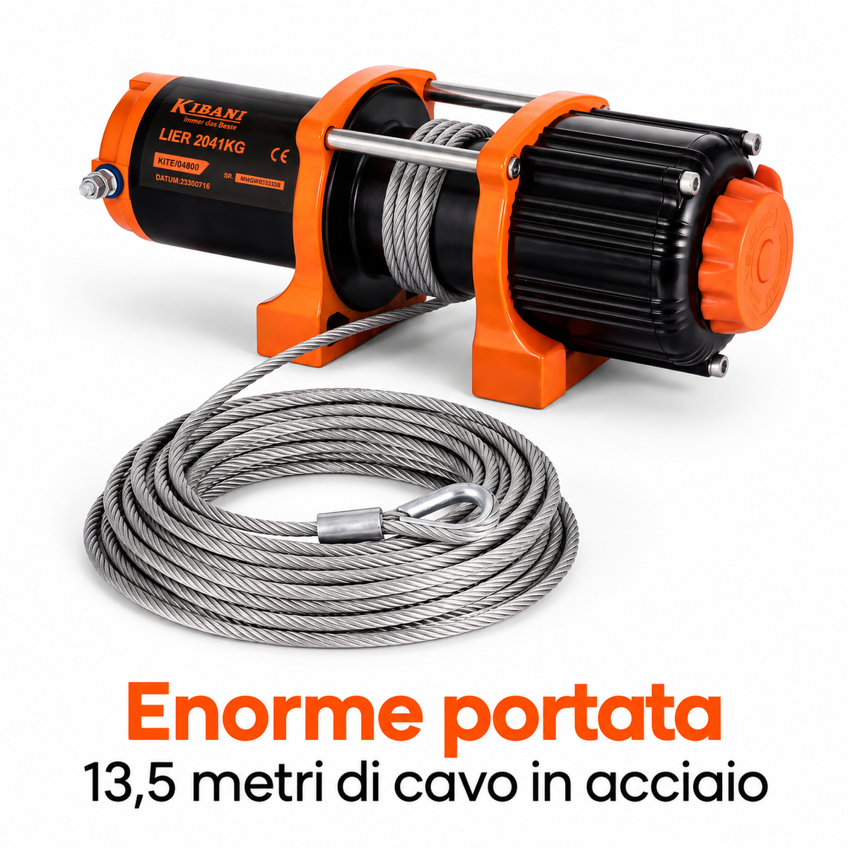 Verricello Elettrico Kibani 12V 2041kg Cavo Acciaio 13,5m 2 Radiocomandi