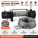 Verricello Elettrico Kibani 12V 5897kg Cavo Acciaio 26m Radiocomando 4,8kW