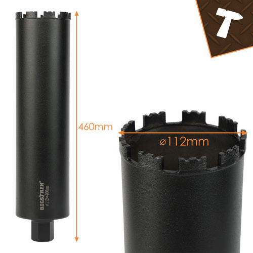 Carotiera diamantata professionale Ø 112 mm × 460 mm – filetto 1.1/4 UNC, 9 segmenti