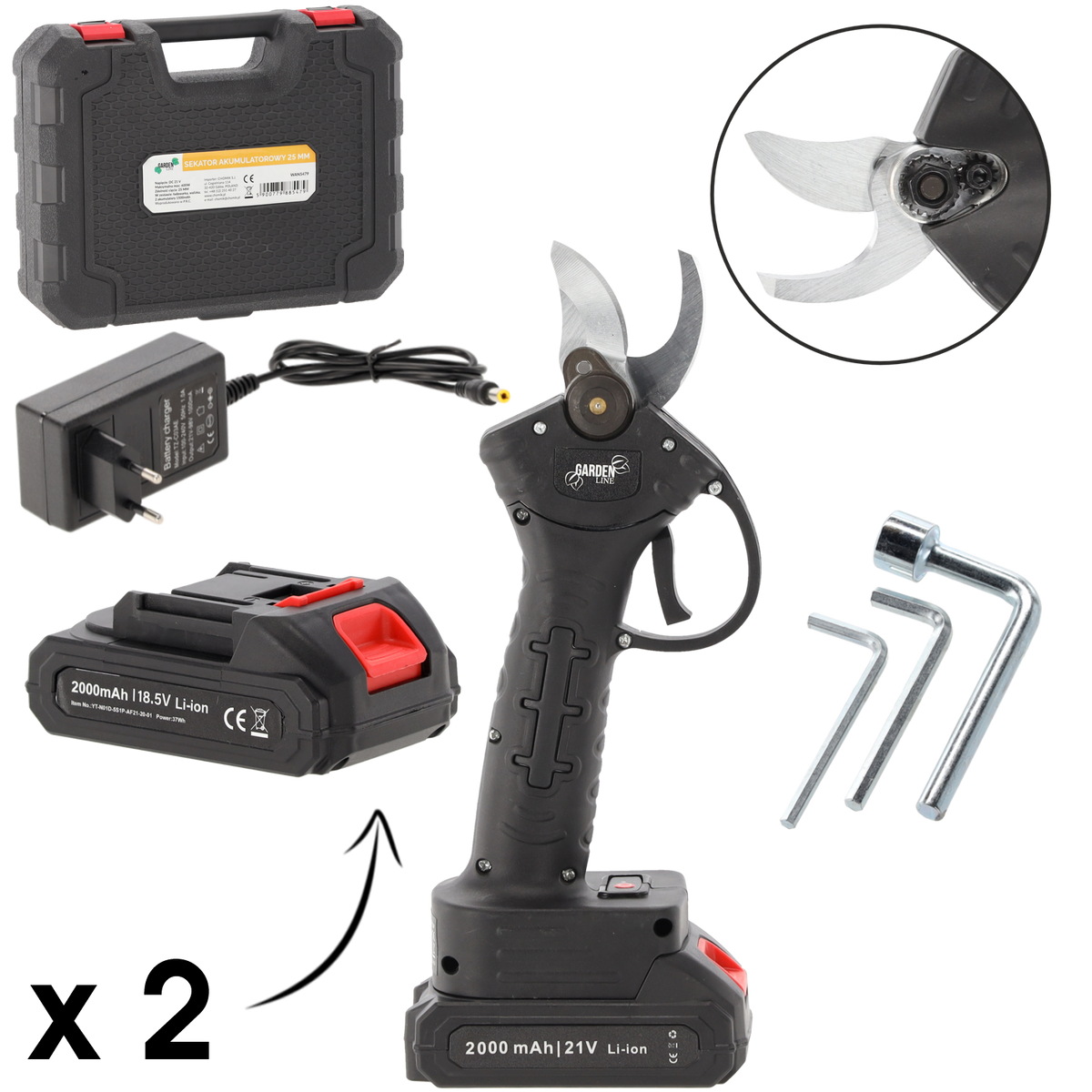 Forbice Elettrica Potatura Garden Line 21V 25mm Brushless 2 Batterie 600W