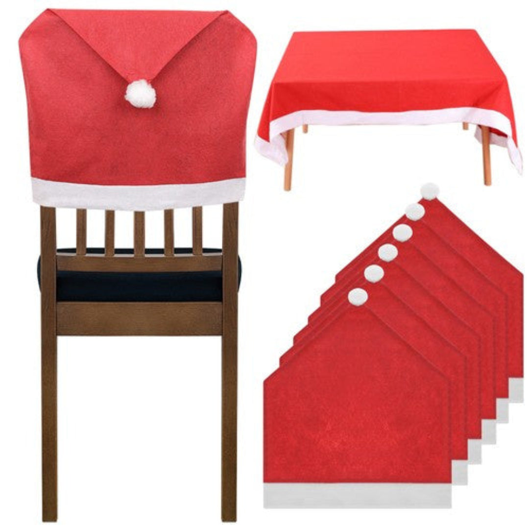 Set Coprisedia Natalizi Cappello di Babbo Natale 6 Pezzi + Tovaglia 172×130 cm