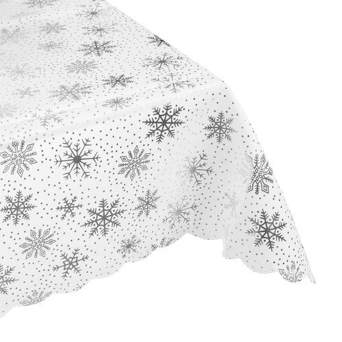 Tovaglia natalizia bianca e argento con fiocchi di neve 260x140cm e 180x140cm
