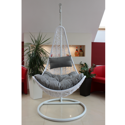 Poltrona Sospesa Garden Line Technorattan Bianca Cuscino Grigio 130kg