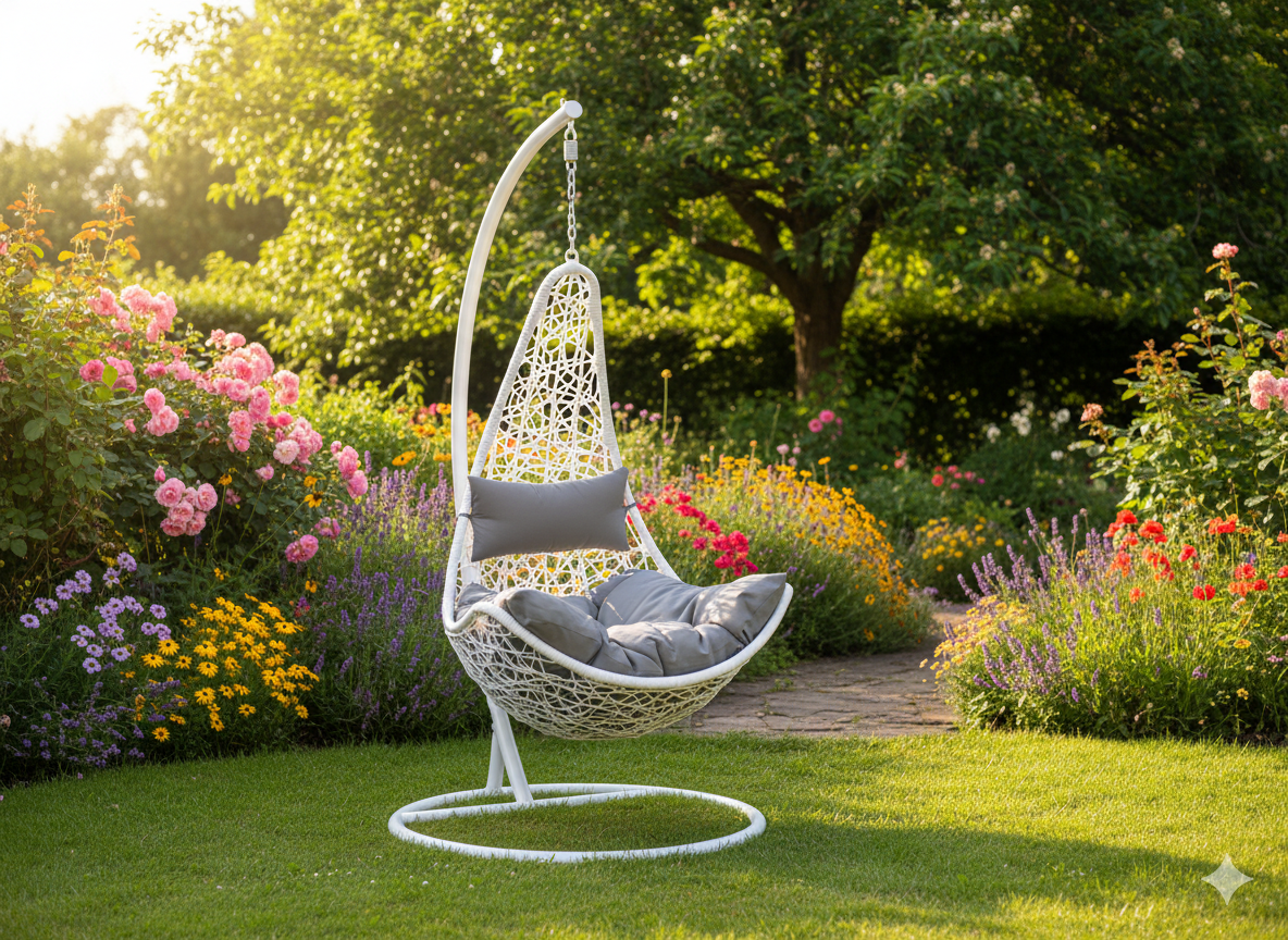 Poltrona Sospesa Garden Line Technorattan Bianca Cuscino Grigio 130kg
