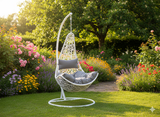 Poltrona Sospesa Garden Line Technorattan Bianca Cuscino Grigio 130kg