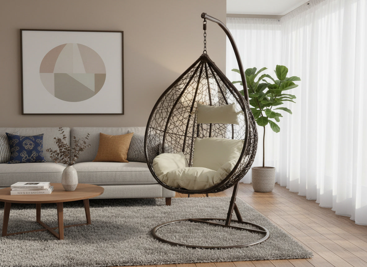 Poltrona Sospesa Garden Line Marrone Technorattan Cuscino Beige 150kg
