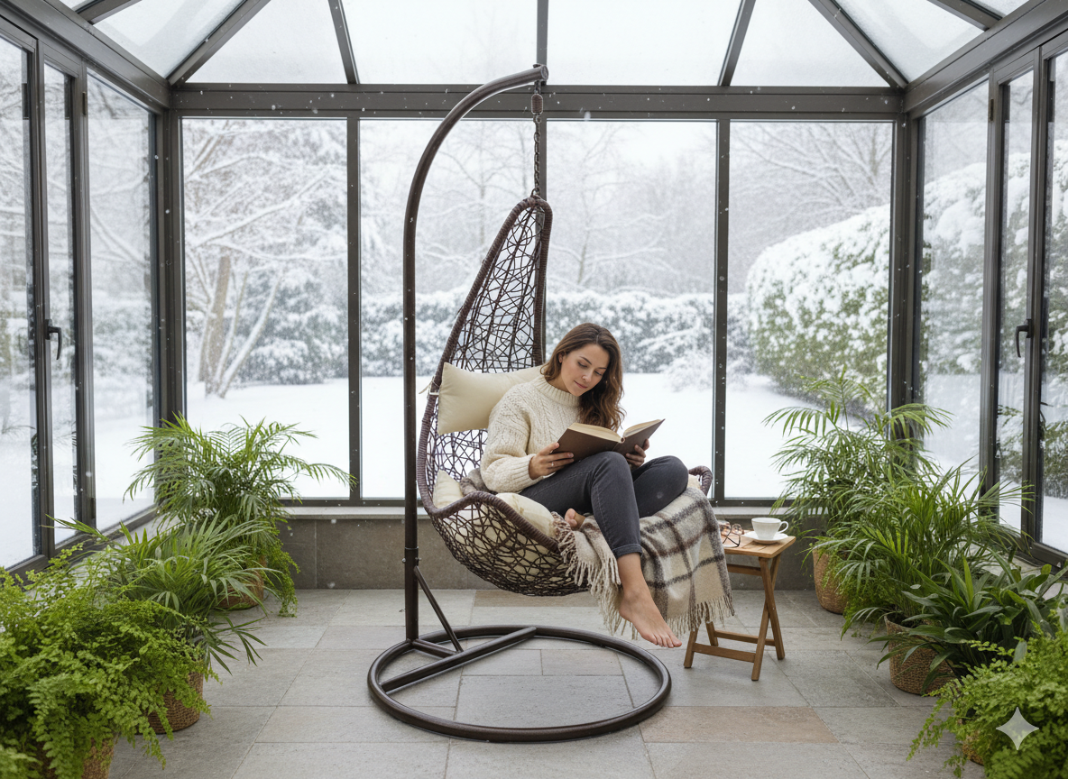 Poltrona sospesa Garden Line technorattan marrone con cuscino crema