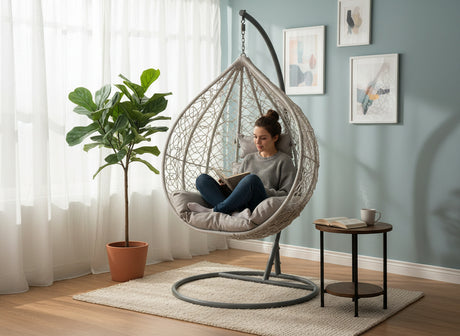 Poltrona sospesa Garden Line grigio chiaro in technorattan con cuscino grigio