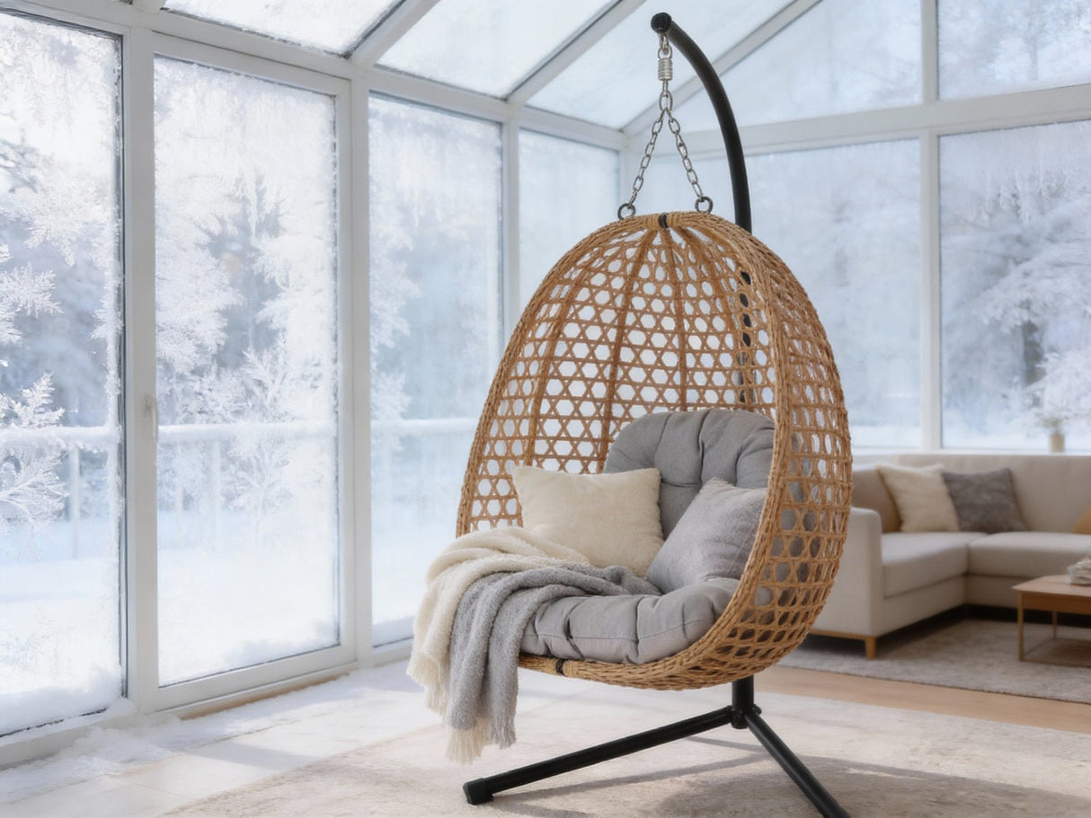 Poltrona Sospesa Pieghevole Faron Garden Line Naturale Cuscino Grigio 150kg