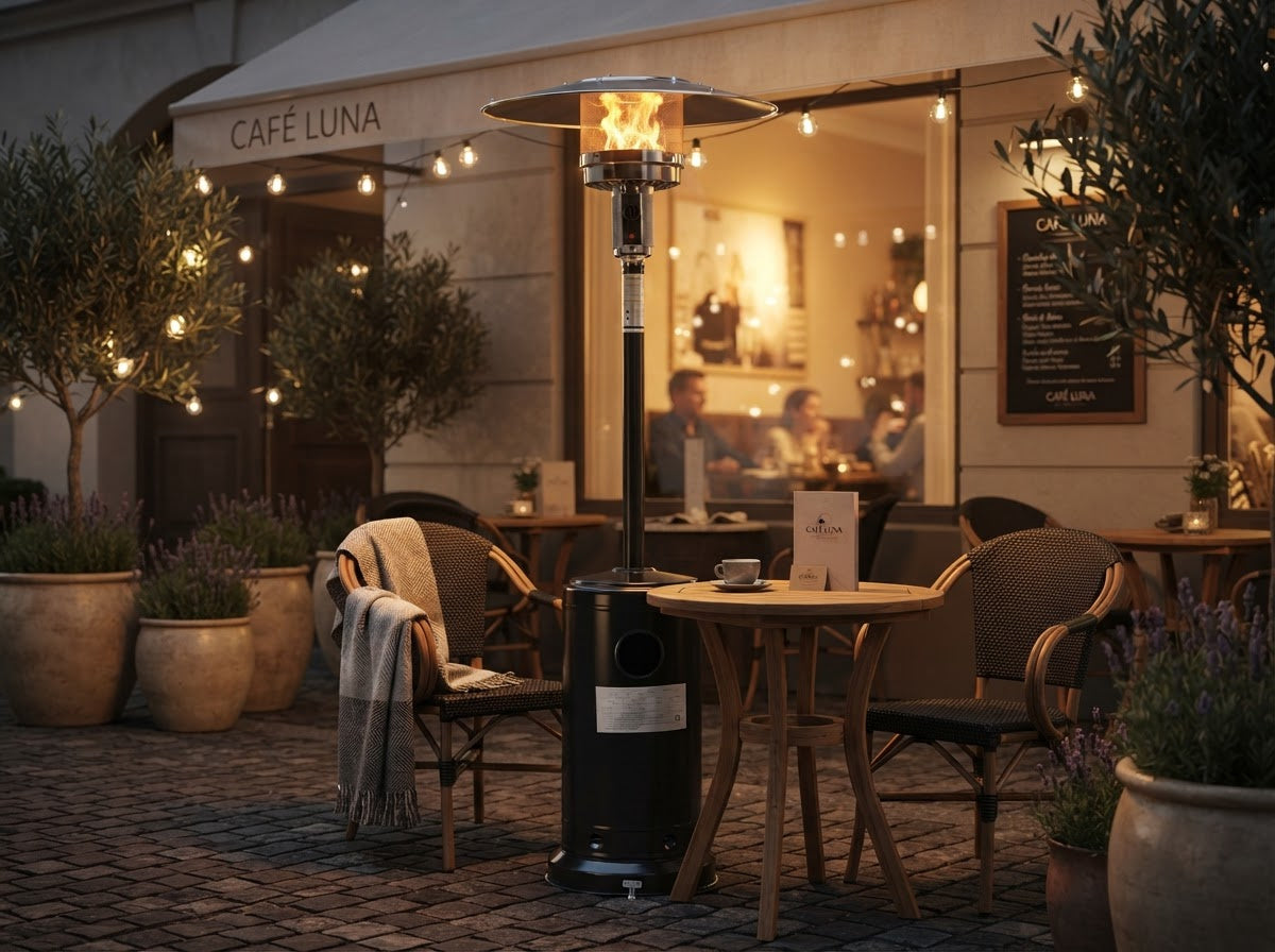 Stufa a fungo a gas nera nel dehors di un bar
