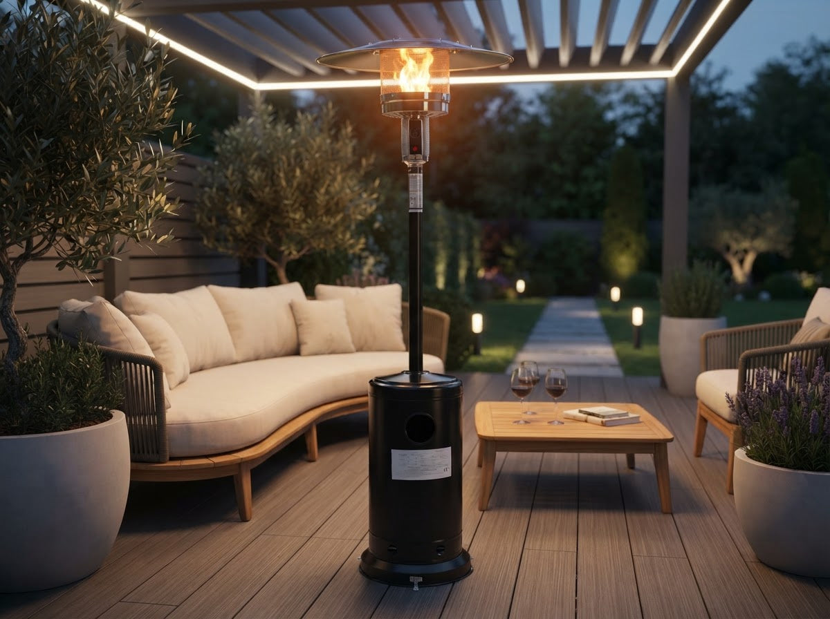 Stufa a fungo a gas nera su terrazza con divani