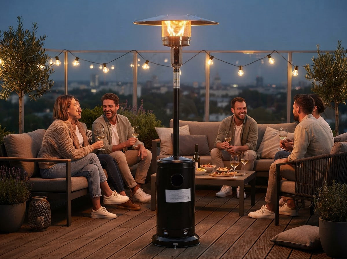 Stufa a fungo a gas nera in giardino
