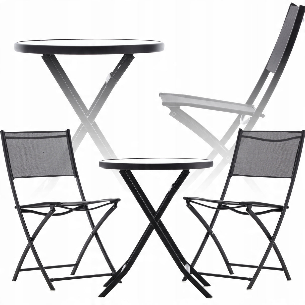 Set Mobili da Balcone Nero Tavolo + 2 Sedie Pieghevoli