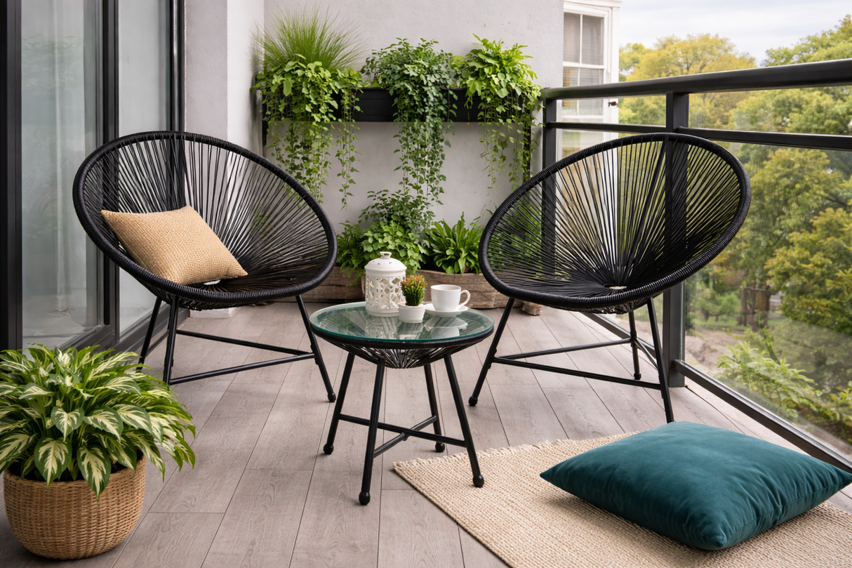 Set Mobili da Giardino Garden Line 2 Sedie Tavolino Nero Rattan Vetro 5mm