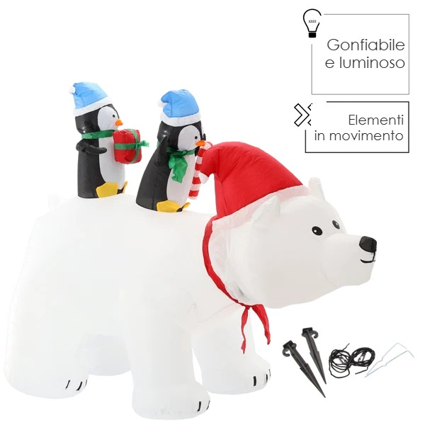 Orso Polare Gonfiabile con Pinguini 200 cm con Luci LED