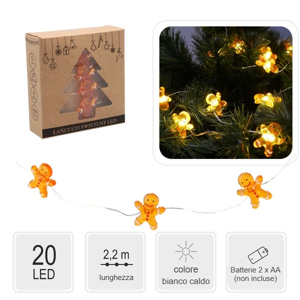 Catena Luminosa LED Omini di Pan di Zenzero 20 Luci a Batteria