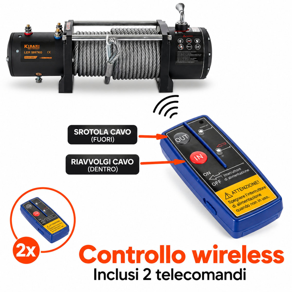 Verricello Elettrico Kibani 12V 5897kg Cavo Acciaio 26m Radiocomando 4,8kW