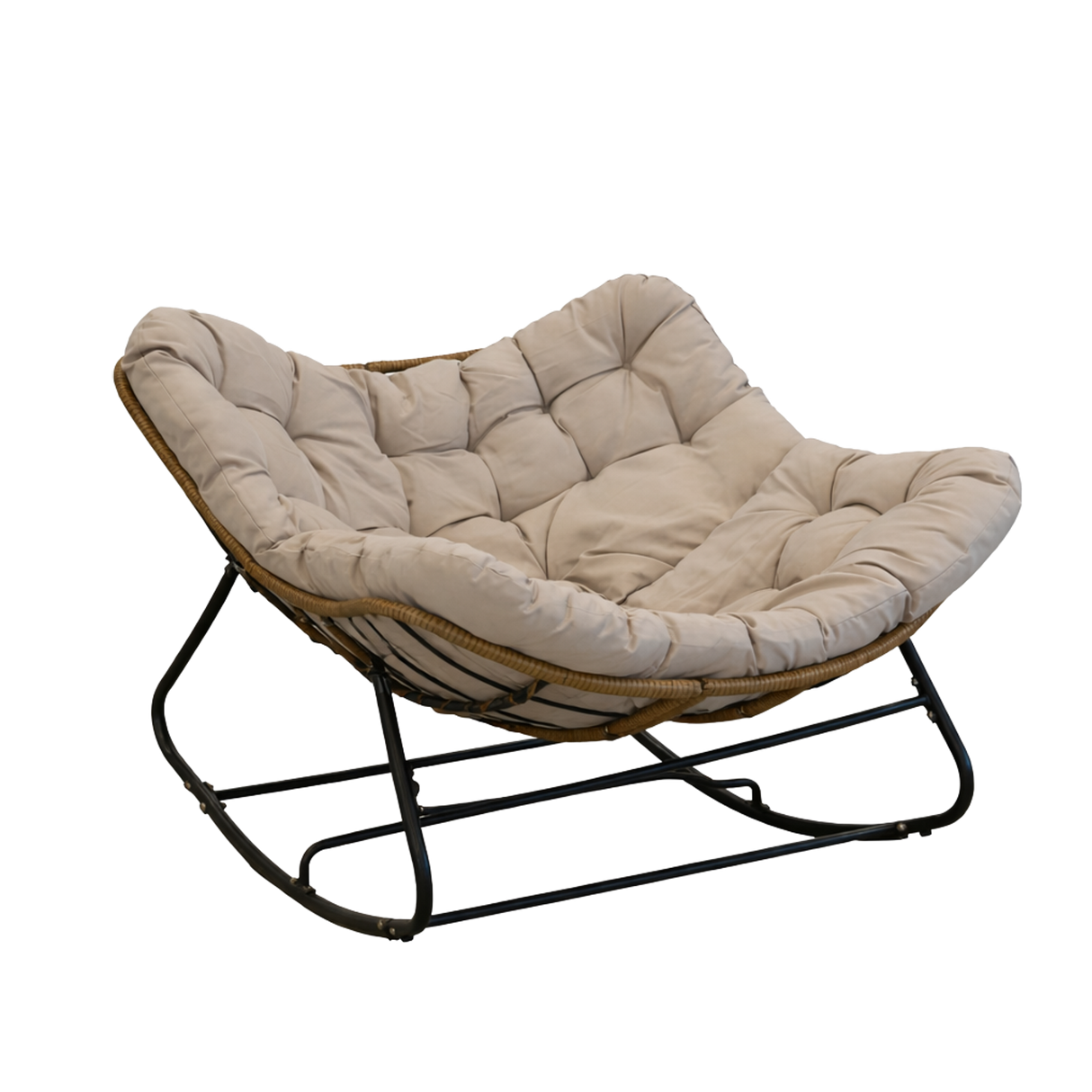 Poltrona a Dondolo Svinga in Rattan con Cuscini Grigi 112 x 104 x 69 cm