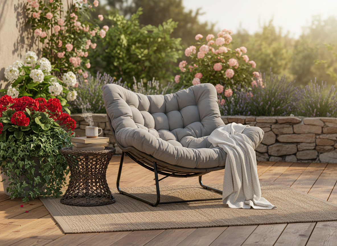 Poltrona a Dondolo Svinga in Rattan con Cuscini Grigi 112 x 104 x 69 cm