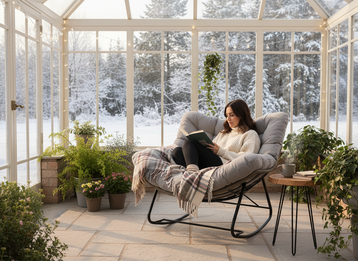 Poltrona a Dondolo Svinga in Rattan con Cuscini Grigi 112 x 104 x 69 cm