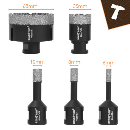 Set 6 carotiere diamantate 6-68 mm – filetto M14 + adattatore trapano
