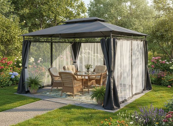Gazebo da Giardino 3 x 4 m con Tende Laterali Grigio Scuro