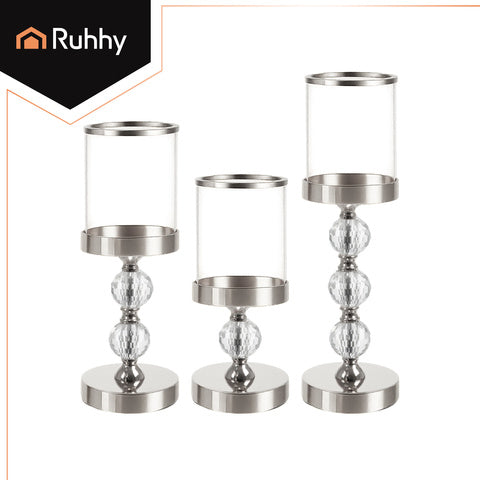 Set 3 portacandele glamour Ruhhy 22314 – altezze diverse, dettagli cristallo, effetto specchio, argento