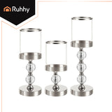 Set 3 portacandele glamour Ruhhy 22314 – altezze diverse, dettagli cristallo, effetto specchio, argento