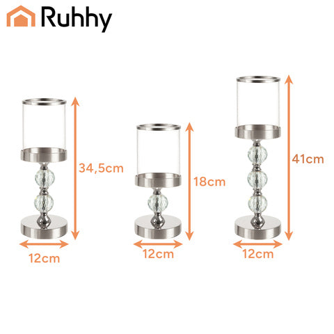 Set 3 portacandele glamour Ruhhy 22314 – altezze diverse, dettagli cristallo, effetto specchio, argento