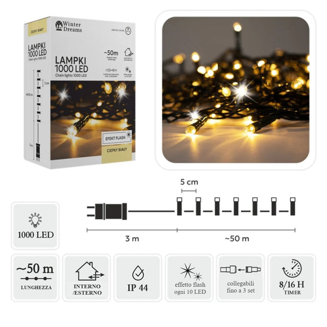 Catena luminosa 1000 LED bianco caldo con flash – 53 m