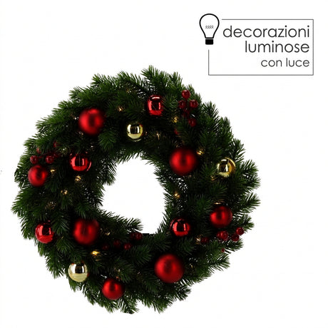 Corona Natalizia Verde con Palline e 40 LED a Batteria
