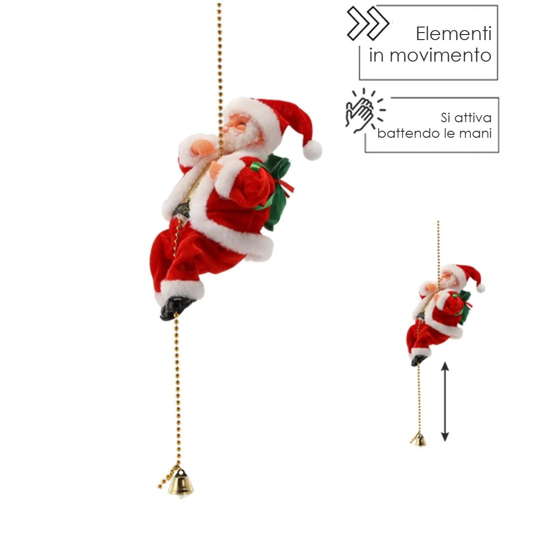Babbo Natale che si arrampica su corda di perle dorate