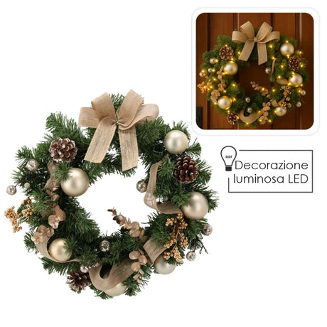 Corona natalizia oro 40 cm con LED