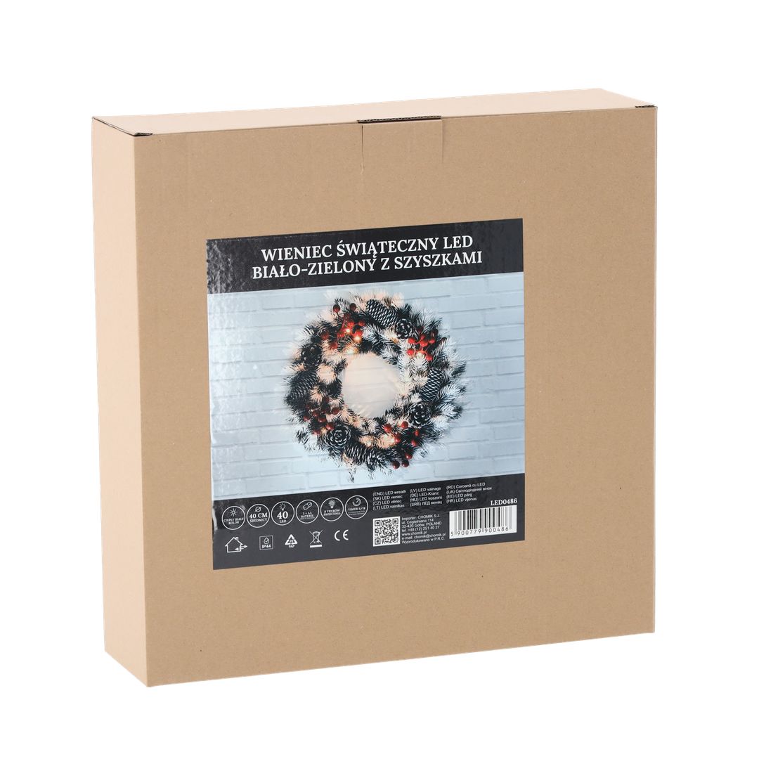 Corona Natalizia Bianca e Verde con Pigne e 40 LED a Batteria