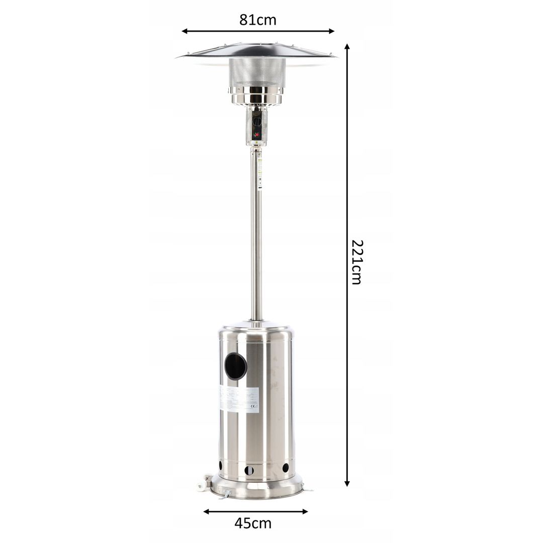 Stufa a fungo a gas 13 kW 221 cm acciaio inox con misure: altezza 221 cm, riflettore 81 cm, base 45 cm