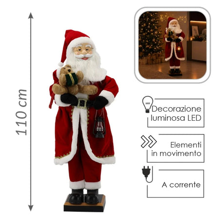 Babbo Natale con orsetto 110 cm LED musica movimento