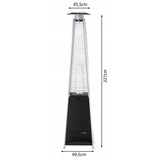 Stufa a gas a piramide con misure: altezza 227 cm, base 49,5 cm