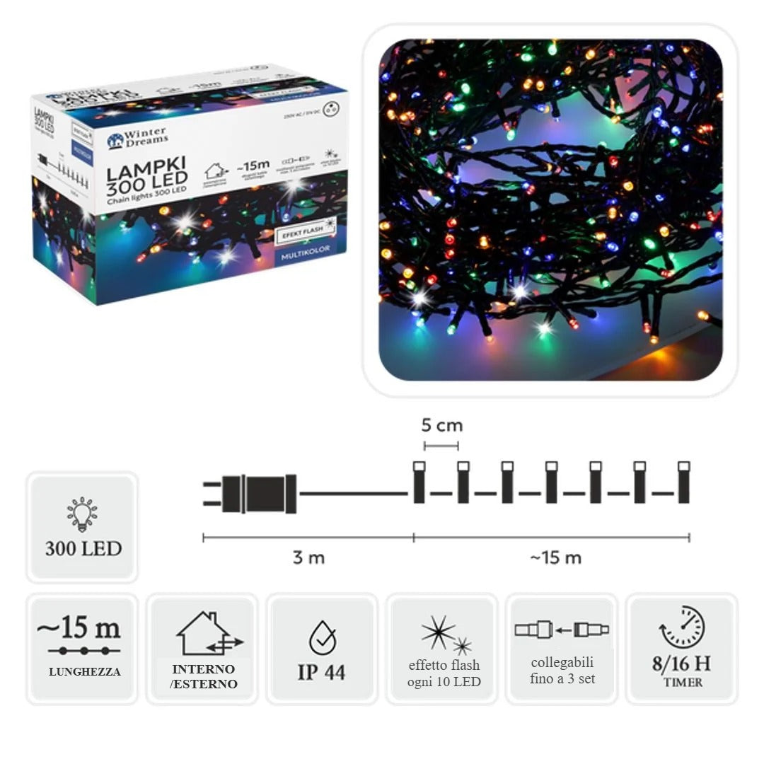 Catena luminosa 300 LED multicolor con flash