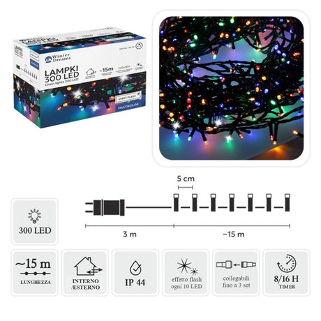 Catena luminosa 300 LED multicolor con flash