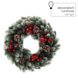Corona Natalizia Bianca e Verde con Pigne e 40 LED a Batteria