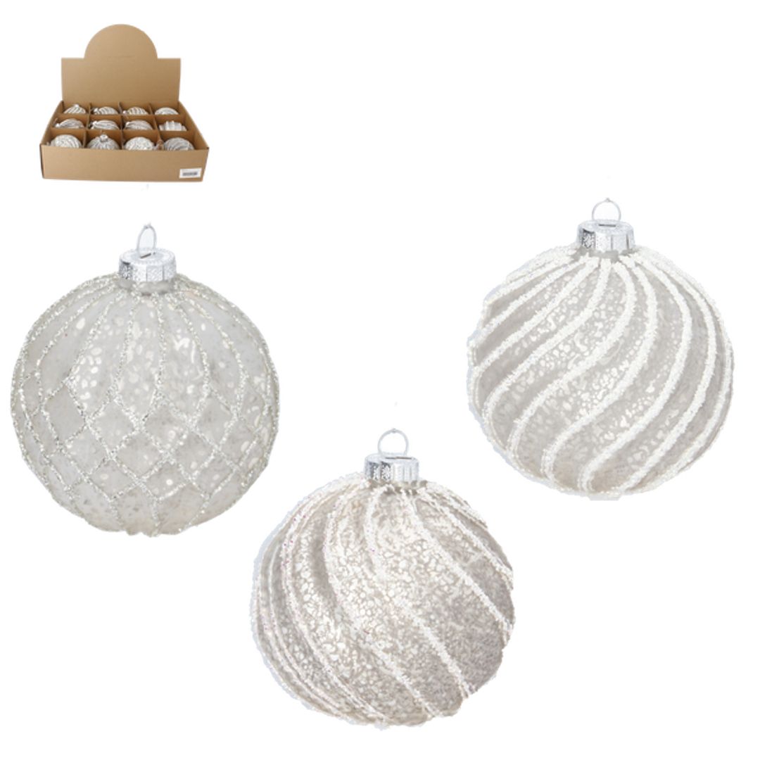 Pallina di Natale in vetro argento decorata 10 cm