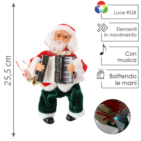 Babbo Natale musicale con fisarmonica LED 25,5 cm