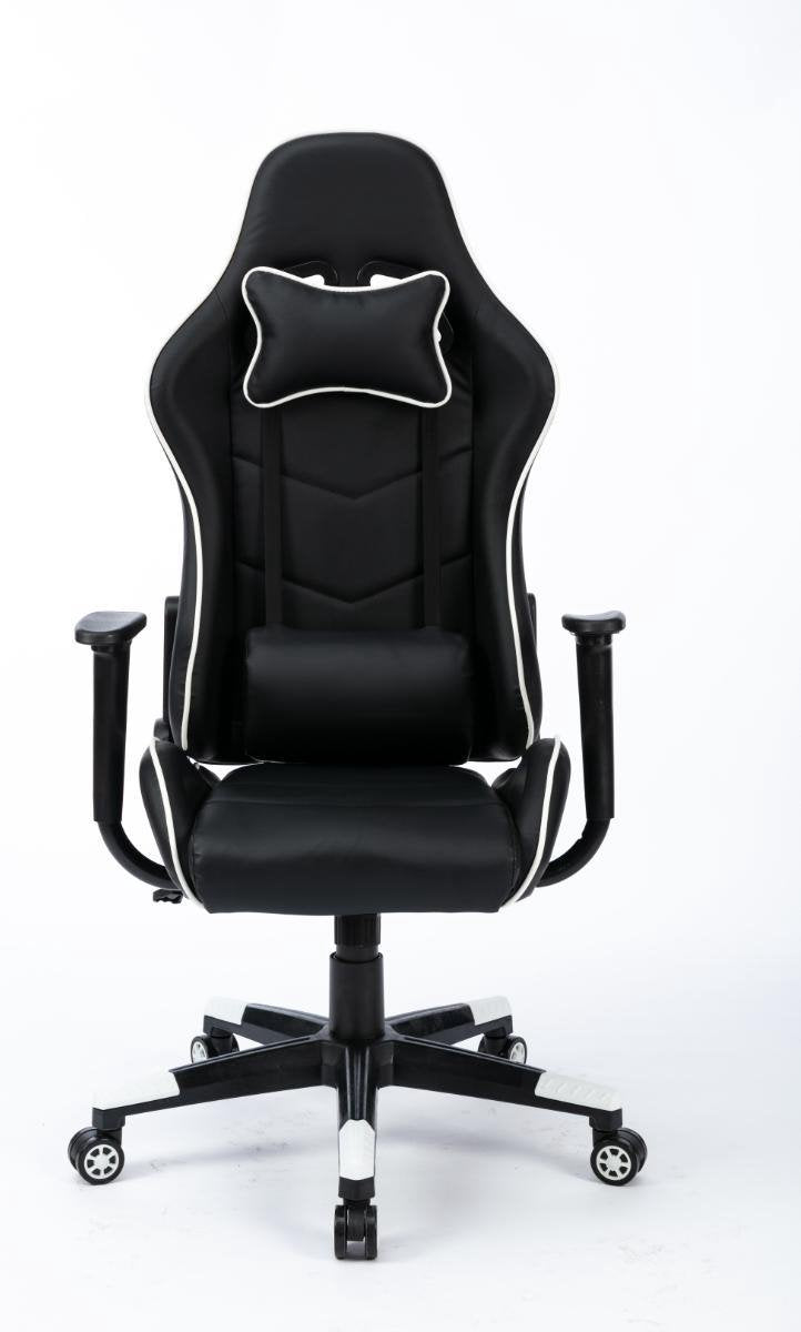 Fauteuil de course de jeu blanc avec oreiller pour le cou et coussin de dossier réglable - chaise de bureau