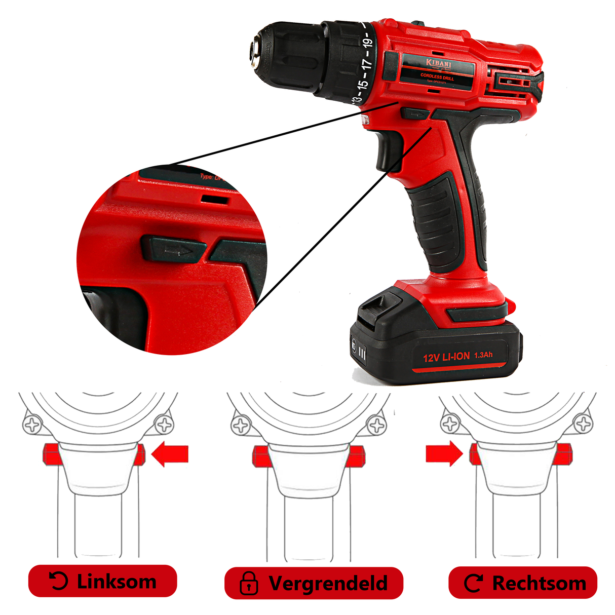 Perceuse sans fil Kibani 12v - batterie 1300 mAh - 1400 tr/min - tête de perçage 10 mm - avec éclairage LED